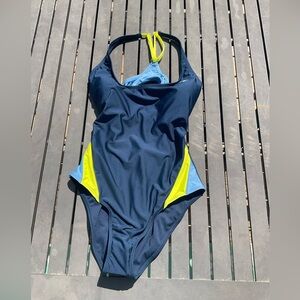 NWT Classic Navy One-Piece Swimsuit with Light Blue & Neon Yellow Accents